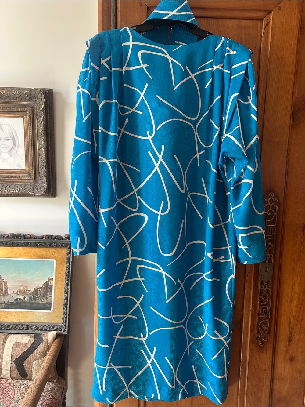 Liz Claiborne  90s vintage Teal Dress with White Abstract Swirl- belt included